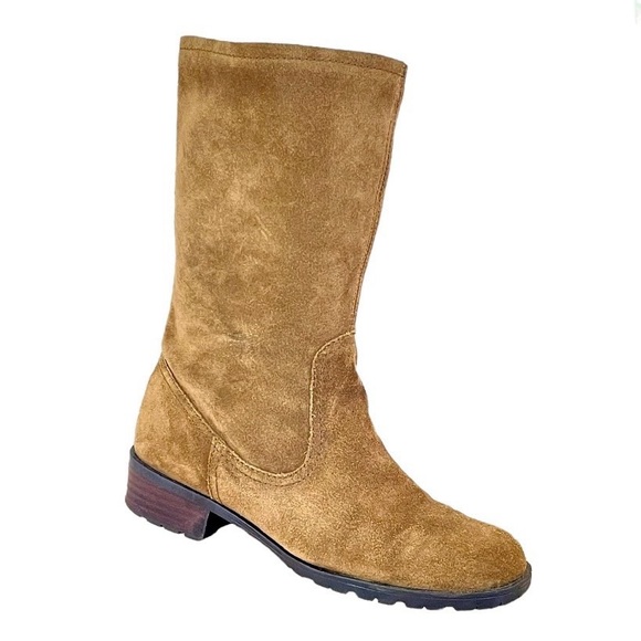 100% Genuine Suede Leather unlined spring mid calf boots sz 7.5 tan olive khaki